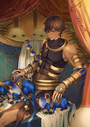  1boy ahoge bare_shoulders brown_hair couch covered_abs covered_navel cowboy_shot dark-skinned_male dark_skin darkavey earrings fate/grand_order fate/prototype fate/prototype:_fragments_of_blue_and_silver fate_(series) headpat highres jewelry male_focus medjed_(fate) open_mouth ozymandias_(fate) pectorals photoshop_(medium) revealing_clothes sitting sleeveless smile solo tiger vambraces yellow_eyes 