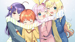  4girls ;) ;d ahoge blonde_hair blue_eyes blue_jacket blush brown_hair brown_jacket closed_mouth commentary_request cordelia_glauca flower gradient_scarf green_eyes hair_flower hair_ornament hair_ribbon hairclip hercule_barton jacket long_hair long_sleeves mugi_(iccomae) multiple_girls one_eye_closed open_mouth pink_hair pink_jacket purple_flower purple_hair red_eyes ribbon scarf shared_clothes shared_scarf sherlock_shellingford sleeves_past_wrists smile tantei_opera_milky_holmes teeth upper_body upper_teeth_only v-shaped_eyebrows very_long_hair x_hair_ornament yellow_ribbon yuzurizaki_nero 