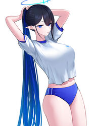  absurdres alternate_costume aoi_riko blue_archive blue_buruma blue_eyeliner blue_eyes breasts buruma eyeliner female gym_shirt gym_uniform halo highres large_breasts long_hair looking_at_viewer makeup midriff multicolored_hair navel pointy_ears ponytail rin_(blue_archive) shirt short_sleeves simple_background solo two-tone_hair tying_hair underwear upper_body very_long_hair white_background 