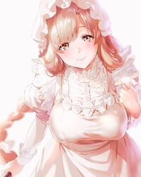  apron blush braid breasts closed_mouth commentary_request female hair_between_eyes hataraku_saibou highres long_hair looking_at_viewer macrophage_(hataraku_saibou) maid maid_apron maid_headdress mery_(yangmalgage) simple_background single_braid smile solo standing white_background 