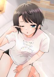  alternate_costume aqua_eyes bed black_shorts blush brown_hair female highres hololive looking_at_viewer loose_clothes loose_shirt one_eye_closed oozora_subaru open_mouth shirt short_hair shorts sitting sleepy solo swept_bangs t-shirt taachika virtual_youtuber waking_up white_shirt 