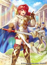  1boy 2girls alfonse_(fire_emblem) anna_(fire_emblem) armor axe battle_axe blonde_hair blue_hair blue_sky boots cape cloud cloudy_sky commentary_request company_name copyright_name fensalir fire_emblem fire_emblem_cipher fire_emblem_heroes folkvangr gloves holding holding_sword holding_weapon index_finger_raised long_hair looking_at_viewer matsurika_youko multiple_girls noatun official_art open_mouth outdoors ponytail scale_armor sharena_(fire_emblem) short_hair shoulder_armor side_ponytail sky smile sparkle sword thigh_boots thighhighs weapon 