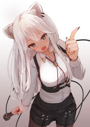  :3 animal_ear_fluff animal_ears black_nails black_shorts breasts collared_shirt commentary cowboy_shot ear_piercing fangs female fingernails from_above garter_belt gradient_background grey_eyes grey_hair hand_up holding holding_microphone hololive index_finger_raised jewelry large_breasts lion_ears lion_girl long_hair long_sleeves microphone nail_polish necklace o-ring official_alternate_costume official_alternate_hairstyle open_mouth piercing sharp_fingernails shirt shishiro_botan shishiro_botan_(button-down) shorts solarisu solo standing virtual_youtuber white_shirt 