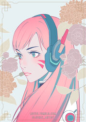  alternate_eye_color alternate_hair_color artist_name blue_eyes closed_mouth d.va_(overwatch) facepaint facial_mark female floral_background flower headphones headset high_collar instagram_username leaf lips long_hair looking_away luffie overwatch overwatch_1 pale_skin pastel_colors pink_hair pink_lips portrait simple_background solo tumblr_username watermark web_address whisker_markings 