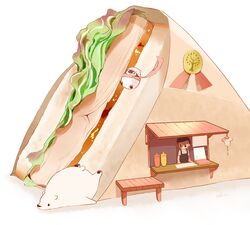  animal apron awning bear bench bird chai_(drawingchisanne) commentary_request female food food_focus food_wrapper in_food ketchup_bottle mini_person minigirl mustard_bottle on_food original penguin polar_bear sandwich shirokuma-san_(drawingchisanne) shop signature sliding undersized_animal white_background 