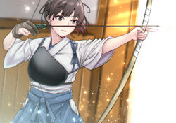  aga_marino aiming archery archery_dojo arrow_(projectile) black_hair blue_hakama bow_(weapon) brown_eyes commentary_request cowboy_shot duplicate female gloves hakama hakama_short_skirt hakama_skirt holding holding_arrow holding_bow_(weapon) holding_weapon japanese_clothes kaga_(kancolle) kantai_collection kyuudou long_hair muneate partially_fingerless_gloves pixel-perfect_duplicate short_sidetail side_ponytail skirt solo tasuki weapon yugake yumi_(bow) 