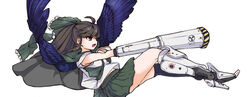  arm_cannon asymmetrical_footwear bird_wings black_socks bow brown_hair cape commentary_request control_rod female full_body green_bow green_cape green_skirt hairbow highres kneehighs long_hair looking_afar mechanical_boots mismatched_footwear open_mouth ponytail purple_wings radiation_symbol raphael_ax red_eyes reiuji_utsuho shirt shoes short_sleeves simple_background single_shoe skirt socks solo touhou weapon white_background white_shirt wings 