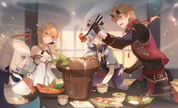  1boy 3girls absurdres arm_guards armor bare_shoulders belt black_gloves black_shirt blonde_hair blue_eyes blue_hair blue_jacket blue_pants blunt_bangs breastplate brown_eyes chili_pepper chopsticks collared_vest cup dango dog_tags dress eating fake_horns fingerless_gloves fish flower flower_knot folding_fan food genshin_impact gloves green_eyes grey_hair hair_flower hair_ornament hand_fan hand_up head_rest highres holding holding_chopsticks holding_plate horns hotpot indoors jacket japanese_armor jueyun_chili_pepper_(genshin_impact) kamisato_ayaka kusazuri lettuce long_hair long_sleeves lumine_(genshin_impact) medium_hair mujizi multiple_girls mushroom open_mouth paimon_(genshin_impact) pants plate ponytail red_vest rope rope_belt sanshoku_dango shiitake shirt short_hair short_sleeves sitting spinach sushi table tassel tassel_hair_ornament thigh_strap thoma_(genshin_impact) vest wagashi white_dress 