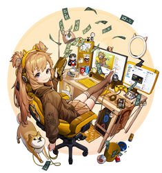  animal_ear_headphones animal_ears artist_name banknote beige_background bishoujo_senshi_sailor_moon blush bowl brown_eyes brown_hair brown_hoodie brown_skirt brown_thighhighs can canine cash_cannon cellphone chair charm_(object) chopsticks coin commentary computer computer_keyboard computer_mouse computer_tower controller crumpled_paper cryptocurrency cup_ramen doge dollar_bill drink_can elon_musk english_commentary fake_animal_ears feet_on_table female figure game_controller gaming_chair hair_ornament hair_ribbon headphones highres hino_rei holding holding_leash hood hood_down hoodie lamp leash legs_up light_brown_hair long_hair looking_at_viewer looking_back mat messy_hair money monitor multiple_monitors no_shoes office_chair original pen pet_bowl pet_food phone pleated_skirt ribbon rinotuna sailor_mars shiba_inu simple_background sitting skirt smartphone smile soda_can solo speaker stuffed_toy swivel_chair thighhighs trash_can twintails welsh_corgi white_ribbon youtube zettai_ryouiki 