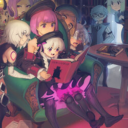  1boy 6+girls ahoge armband atalanta_(fate) bandaged_arm bandages bare_shoulders bell beret black_coat black_dress black_headwear black_pantyhose black_vest blonde_hair blue_bow blue_bowtie blue_eyes blue_hair blush boa_(brianoa) book bookshelf bow bowtie braid breasts buckle chair coat cropped_vest detached_collar doll_joints dress facial_mark fate/grand_order fate_(series) forehead forehead_mark frills glasses gradient_hair green_eyes green_hair green_headwear grey_hair hair_between_eyes hair_pulled_back hairbow hands_on_own_hips hans_christian_andersen_(fate) happy hat headpiece helena_blavatsky_(fate) highres horns ibaraki_douji_(fate) jack_the_ripper_(fate/apocrypha) jeanne_d&#039;arc_alter_santa_lily_(fate) jingle_bell joints long_hair long_sleeves looking_at_another looking_at_viewer multicolored_hair multiple_girls navel nursery_rhyme_(fate) oerba_yun_fang off_shoulder oni oni_horns open_book open_mouth pantyhose parted_bangs paul_bunyan_(fate) ponytail puffy_short_sleeves puffy_sleeves purple_eyes purple_hair reading ribbon scar scar_across_eye scar_on_cheek scar_on_face short_dress short_hair short_sleeves shoulder_tattoo sidelocks sitting sitting_on_lap sitting_on_person small_breasts smile striped striped_bow striped_ribbon sweatdrop table tattoo thighhighs thighs tongue translated twin_braids very_long_hair vest white_hair wu_zetian_(fate) yellow_eyes 