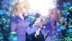  2girls amazuki_jou bc_freedom_school_uniform blonde_hair blue_cardigan blue_eyes blue_flower blue_necktie blue_rose blurry blurry_background blurry_foreground cardigan commentary dappled_sunlight day depth_of_field diagonal_stripes dress_shirt drill_hair flower girls_und_panzer green_eyes highres holding_hands interlocked_fingers long_hair long_sleeves looking_at_another marie_(girls_und_panzer) medium_hair messy_hair multiple_girls necktie open_mouth oshida_(girls_und_panzer) outdoors parted_lips red_necktie rose rose_bush school_uniform shirt sitting sky smile striped striped_necktie sunlight sweater white_shirt white_sky wind wing_collar yuri 