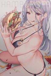  artist_name ass bare_shoulders bikini black_bikini breasts brown_eyes burger burger_king cleavage commentary crumbs fast_food female food french_fries from_above from_side grey_hair halterneck highres holding holding_food ketchup large_breasts licking_lips logo long_hair looking_at_viewer love_cacao mcdonald&#039;s mole mole_on_thigh original seiza sitting solo string_bikini swimsuit symbol-only_commentary thighs tongue tongue_out wendy&#039;s 