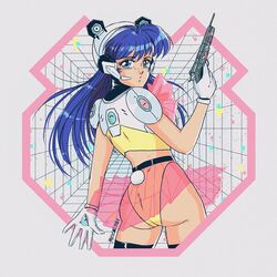  1980s_(style) animal_ears animal_ears_helmet artist_name ass belt black_belt black_thighhighs blue_eyes blue_hair bow english_commentary fake_animal_ears female from_behind gloves gun helmet holding holding_gun holding_weapon long_hair looking_at_viewer looking_back mechanical_ears mizucat open_hand pan-chan_(panda_global) panda_ears panda_global panties pink_bow pink_skirt retro_artstyle see-through see-through_skirt skirt solo thighhighs underwear weapon white_gloves yellow_panties 