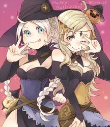  2girls ahoge alternate_costume arm_up bare_shoulders belt blonde_hair blue_eyes braid breasts bridal_gauntlets circlet corset fire_emblem fire_emblem_fates grey_eyes hairband lantern leather long_hair low_twin_braids multiple_girls nina_(fire_emblem) ophelia_(fire_emblem) parted_bangs tefutene tongue tongue_out twin_braids upper_body white_hair 