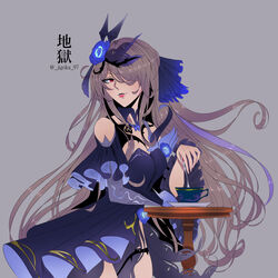  artist_name bare_shoulders brown_hair cup dress elbow_gloves female flower gloves grey_background grin hair_flower hair_ornament hair_over_one_eye holding holding_spoon honkai_(series) honkai_impact_3rd jigokumaru lips lipstick long_hair looking_at_viewer makeup mole mole_under_eye open_mouth purple_dress purple_eyes purple_flower purple_gloves purple_rose rita_rossweisse rita_rossweisse_(fallen_rosemary) rose simple_background single_elbow_glove smile solo spoon table teacup teeth 