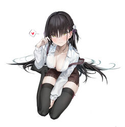  :t absurdres black_hair black_thighhighs blonde_hair blush breasts brown_skirt cafe_stella_to_shinigami_no_chou chinese_commentary cleavage closed_mouth collarbone collared_shirt commentary_request earrings female hair_intakes hair_ornament hair_over_eyes hairclip hand_in_own_hair hand_up heart highres jewelry long_hair long_sleeves looking_at_viewer medium_breasts miniskirt mole mole_under_eye no_shoes oka_ball partially_unbuttoned pout shiki_natsume shirt side_slit simple_background sitting skindentation skirt solo spoken_heart strap_slip stud_earrings suspender_skirt suspenders thighhighs very_long_hair white_background white_shirt yellow_eyes yokozuwari 