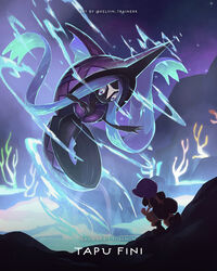  black_footwear black_hair blurry bonnet boots character_name commentary copyright_name english_commentary female hapu_(pokemon) highres holding jumpsuit kelvin-trainerk kneeling long_hair night outdoors pokemon pokemon_(creature) pokemon_sm purple_headwear sky star_(sky) tapu_fini twintails twitter_username water 