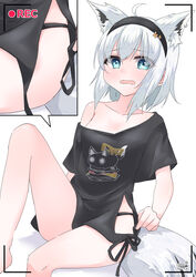  ahoge animal_ear_fluff animal_ears black_hairband black_panties black_shirt blush braid close-up collarbone commentary_request earrings extra_ears female fox_ears fox_girl fox_tail green_eyes hair_between_eyes hairband highres hololive jewelry knee_up looking_at_viewer nejima_kitsune_(shirakami_fubuki) open_mouth panties recording shirakami_fubuki shirakami_fubuki_(loungewear) shirt short_hair sidelocks single_braid sitting solo tail underwear viewfinder virtual_youtuber white_hair yuri_pekko 