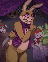  2020 absurd_res ambiguous_gender anthro bear black_eyes black_nose bottomless bottomless_anthro bottomless_male bottomwear bow_tie box brown_body brown_ears checkered checkered_wall circus_baby_(fnaf) clothed clothing clown container eyelashes featureless_crotch female five_nights_at_freddy&#039;s five_nights_at_freddy&#039;s:_security_breach five_nights_at_freddy&#039;s_vr:help_wanted fnaf_vr_help_wanted footprint freddy_(fnaf) fur furniture glitchtrap green_body green_ears green_eyes green_nose group hair hand_behind_back hat headgear headwear heart_nose heart_symbol hi_res humanoid knife lagomorph leporid long_ears long_hair looking_at_viewer male mammal markings mask melee_weapon multicolored_body multicolored_ears multicolored_eyes orange_hair party_hat pawprint pawprint_(marking) pink_ears pink_eyes pink_tongue pixelflare plush_circus_baby_(fnaf) plush_glitchtrap_(fnaf) plushie pose pseudo_clothing purple_eyes rabbit raised_arm red_body red_nose red_sclera scottgames scut_tail sharp_teeth shirt short_tail shush sister_location size_difference skirt smile soulless_eyes standing steel_wool_studios table tablecloth tail tan_body tan_ears tan_fur tan_tail teeth thick_thighs tongue topwear toy twintails two_tone_body two_tone_ears vanny_(fnaf) vest weapon whiskers white_body white_ears 