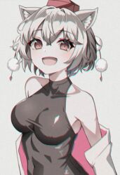  :d absurdres animal_ear_fluff animal_ears bare_shoulders black_shirt breasts chromatic_aberration collarbone female film_grain hat highres inubashiri_momiji jacket kiui_(dagk8254) oerba_yun_fang open_mouth pom_pom_(clothes) red_eyes shirt short_hair simple_background sleeveless sleeveless_shirt smile solo tokin_hat touhou upper_body white_background white_hair white_jacket wolf_ears wolf_girl 