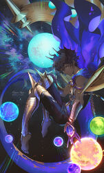  1boy arjuna_(fate) arjuna_alter_(fate) armor artist_name barefoot black_hair blue_tail brown_eyes brown_hair cape clothing_cutout dark-skinned_male dark_skin darkavey dynamic_pose fate/grand_order fate_(series) fighting_stance floating floating_object glowing hair_between_eyes highres horns jewelry light_particles looking_at_viewer male_focus open_hand pants photoshop_(medium) planet revealing_clothes short_hair side_cutout sky sleeveless solo space star_(sky) starry_background starry_sky tail vambraces 