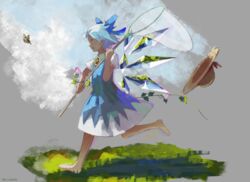  :o artist_name barefoot blue_bow blue_dress blue_eyes blue_hair bow bug butterfly butterfly_net cirno dress female flower from_side full_body grass hairbow hand_net hat hat_loss hat_removed headwear_removed holding holding_butterfly_net ice ice_wings open_mouth pink_flower puffy_short_sleeves puffy_sleeves running saltlaver short_hair short_sleeves solo straw_hat sunflower tanned_cirno touhou wings 