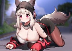  absurdres all_fours animal_ears arknights ass bad_id bad_pixiv_id bare_shoulders black_headwear black_skirt blue_sky breasts brown_pantyhose chinese_commentary cleavage cloud commentary day dishui_tangni female fox_ears fox_tail frostleaf_(arknights) grey_hair highres jacket large_breasts long_hair off_shoulder pantyhose pencil_skirt red_eyes skirt sky solo tail thighs torn_clothes torn_pantyhose 