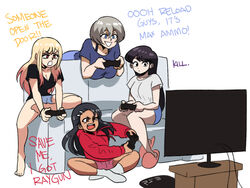  4girls black_hair blonde_hair blue_eyes breasts casual cleavage collarbone controller crossover dark-skinned_female dark_skin english_text flat_screen_tv game_controller grey_hair hair_ornament hairclip highres holding hood hoodie ijiranaide_nagatoro-san kitagawa_marin komi-san_wa_komyushou_desu komi_shouko long_hair multiple_crossover multiple_girls nagatoro_hayase open_mouth playing_games red_eyes shirt short_hair shorts simple_background sitting sono_bisque_doll_wa_koi_wo_suru t-shirt television tina_fate uzaki-chan_wa_asobitai! uzaki_hana v-neck video_game white_background 