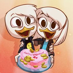  1:1 anatid anseriform anthro avian bird brother_(lore) brother_and_sister_(lore) cake clothing coin della_duck dessert disney donald_duck duck ducktales ducktales_(2017) duo female food hi_res holidays jacket khionyohannmendoza male shirt sibling_(lore) sister_(lore) topwear valentine&#039;s_day young young_anthro 