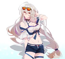  arknights arm_behind_back belt blue_shorts breasts cleavage closed_mouth commentary cowboy_shot criss-cross_halter crop_top erhuo expressionless eyewear_on_head female grey_hair hair_between_eyes halterneck hand_in_own_hair long_hair looking_at_viewer low-tied_long_hair medium_breasts midriff navel official_alternate_costume polka_dot red_eyes short_shorts shorts simple_background skadi_(arknights) skadi_(waverider)_(arknights) solo sunglasses thigh_strap very_long_hair white_background white_belt 