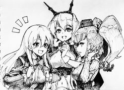  3girls ^^^ anchor_hair_ornament atlanta_(kancolle) bow bowtie breasts cardigan commentary earrings garrison_cap gloves greyscale hair_ornament hairband hairclip hat headgear highres jewelry kantai_collection large_breasts line_art long_hair monochrome multiple_girls mutsu_(kancolle) mutsu_kai_ni_(kancolle) radio_antenna school_uniform short_hair smile star_(symbol) star_earrings suzuya_(kancolle) suzuya_kai_ni_(kancolle) tsunemi_aosa two_side_up upper_body 