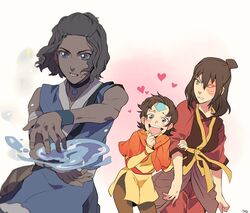  1boy 2girls :d aang avatar:_the_last_airbender avatar_legends blue_eyes blush breasts brown_hair burn_scar choker commentary_request dark-skinned_male dark_skin english_commentary genderswap_(ftm) genderswap_(mtf) heart holding_own_arm katara looking_at_viewer medium_breasts mixed-language_commentary multiple_girls open_mouth ponytail rule_63 scar scar_across_eye scar_on_face short_hair smile t_k_g tattoo topknot water yellow_eyes zuko 