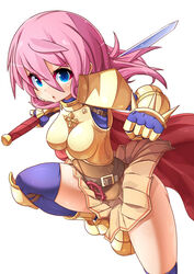  alternate_color armor armored_boots belt blue_eyes blue_shirt blue_thighhighs blush boobplate boots breasts brown_belt brown_skirt cape commentary_request cross female foot_out_of_frame gauntlets gold_armor hair_between_eyes highres holding holding_sword holding_weapon kneehighs long_hair looking_at_viewer lord_knight_(ragnarok_online) miniskirt ooyama_kina open_mouth pauldrons pink_hair ragnarok_online red_cape reverse_grip shirt shoulder_armor simple_background skirt socks solo spiked_gauntlets sword thighhighs v-shaped_eyebrows weapon white_background zettai_ryouiki 