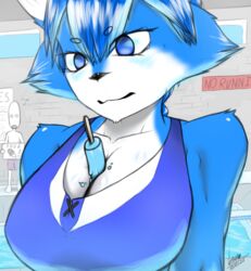  absurd_res anthro big_breasts breasts canid canine cleavage close-up clothed clothing female food fox fur hi_res human mammal popsicle solo swimwear vensaru 