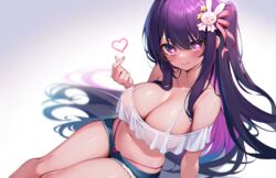  blush breasts cleavage commentary english_commentary female finger_heart hair_ornament heart hoshino_ai_(oshi_no_ko) kaptivate large_breasts long_hair looking_at_viewer mixed-language_commentary navel open_fly oshi_no_ko pink_eyes purple_eyes purple_hair rabbit_hair_ornament short_shorts shorts sidelocks smile solo star-shaped_pupils star_(symbol) star_in_eye swimsuit swimsuit_under_clothes symbol-shaped_pupils symbol_in_eye thighs very_long_hair 