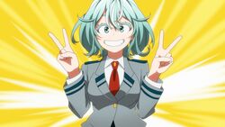  anime_coloring blazer boku_no_hero_academia breasts collared_shirt curly_hair double_v female green_eyes green_hair grey_jacket grin hagakure_tooru highres jacket medium_breasts myu060309 necktie school_uniform shirt smile solo teeth u.a._school_uniform unusually_visible upper_body v 