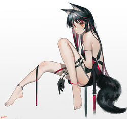  absurdres animal_ear_fluff animal_ears anklet arknights bare_shoulders barefoot black_dress black_gloves black_hair breasts dress feet female gloves grey_background highres jewelry legs long_hair mackia multicolored_hair orange_eyes simple_background sleeveless sleeveless_dress small_breasts solo streaked_hair tail texas_(arknights) thighs toes wolf_ears wolf_girl wolf_tail 