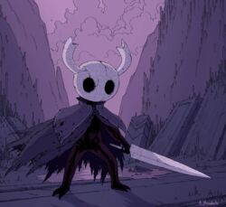  2020 anthro biped cloak clothing detailed_background holding_object holding_weapon hollow_knight mask rovingneophyte solo standing team_cherry the_knight_(hollow_knight) vessel_(species) weapon 