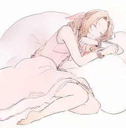  aerith_gainsborough ancotsubu bare_shoulders barefoot bracelet braid braided_ponytail brown_hair buttons closed_eyes dress female final_fantasy final_fantasy_vii final_fantasy_vii_remake full_body hair_ribbon highres jacket jewelry long_dress parted_bangs pink_dress ribbon sidelocks sleeping solo unworn_jacket wavy_hair white_background 