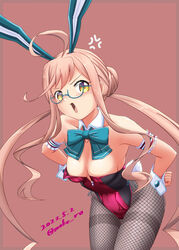  ahoge anger_vein animal_ears blue-framed_eyewear bow bowtie breasts cleavage commentary_request dated detached_collar double_bun female fishnet_pantyhose fishnets grey_pantyhose hair_bun hands_on_own_hips kantai_collection leaning_forward leotard looking_at_viewer makigumo_(kancolle) makigumo_kai_ni_(kancolle) moke_ro pantyhose pink_hair playboy_bunny purple_leotard rabbit_ears rabbit_tail small_breasts solo strapless strapless_leotard tail thighband_pantyhose twintails wrist_cuffs yellow_eyes 