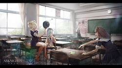  5girls alternate_costume amanun angry animal_ears arknights artist_name bear_ears beret black_pantyhose blonde_hair blue_hair blue_shirt blue_skirt blush braid brown_hair brown_headwear brown_sweater bulletin_board candy_hair_ornament chalkboard classroom clock closed_eyes commentary copyright_name desk english_text ester_(arknights) food-themed_hair_ornament frying_pan gummy_(arknights) hair_ornament hat highres holding holding_frying_pan indoors istina_(arknights) kneehighs leto_(arknights) letterboxed light_rays long_hair multicolored_hair multiple_girls open_mouth orange_socks out_of_frame pantyhose pin pushpin red_hair rosa_(arknights) sailor_collar school_uniform serafuku shirt short_hair skirt sleeping socks star_(symbol) star_hair_ornament streaked_hair sweater throwing throwing_rock wall_clock white_hair white_sailor_collar white_socks window zima_(arknights) 