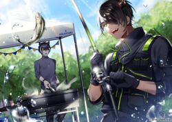  2boys :d alternate_costume animal_ears aragami_oga black_gloves black_hair black_jacket black_pants canopy_(shelter) cooking copyright_name copyright_notice corn cup dark-skinned_male dark_skin day disposable_cup drawstring dutch_angle eyepatch feet_out_of_frame fish fishing fishing_rod food gloves green_eyes grill hair_over_one_eye hand_on_own_hip holding holding_tongs holostars horns jackal_boy jackal_ears jacket jewelry kageyama_shien looking_at_another looking_at_object mafia_(holostars) male_focus meat multicolored_hair multiple_boys necklace official_art open_mouth outdoors pants purple_shirt sharp_teeth shirt short_hair single_horn smile smoke string_of_flags sunlight teeth tongs tree turtleneck two-tone_hair umeno_shii upper_body virtual_youtuber water white_hair wristband yellow_eyes zipper 