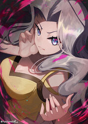  artist_name bare_arms bare_shoulders blue_eyes blue_hair breasts camisole cleavage collarbone crop_top dark_pulse_(pokemon) female highres karen_(pokemon) large_breasts light_blue_hair long_hair midriff pants parted_bangs pokemon pokemon_hgss shirt solo spaghetti_strap v-shaped_eyebrows wavy_hair white_pants yamanashi_taiki yellow_camisole yellow_shirt 