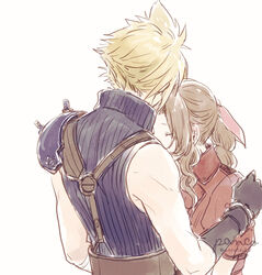  1boy absurdres aerith_gainsborough ancotsubu armor bare_shoulders belt blonde_hair blue_skirt braid braided_ponytail brown_hair closed_eyes cloud_strife couple female final_fantasy final_fantasy_vii final_fantasy_vii_remake gloves hair_ribbon highres hug jacket parted_bangs red_jacket ribbon short_sleeves shoulder_armor sidelocks skirt sleeveless sleeveless_turtleneck spiked_hair straight suspenders turtleneck upper_body wavy_hair white_background 