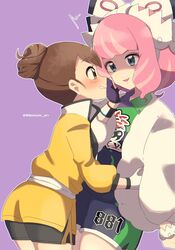  2girls blush bow brown_hair commentary drill_hair eye_contact face-to-face fingerless_gloves flipped_hair from_side gloria_(pokemon) gloves hachi_(hachi_sin) hair_bun hairband hairbow height_difference highres klara_(pokemon) lipstick looking_at_another makeup master_dojo_uniform mole mole_under_mouth multiple_girls pink_hair pink_lips pokemon pokemon_swsh print_shirt print_shorts purple_background purple_gloves shaded_face shirt short_hair short_shorts shorts single_hair_bun twin_drills twitter_username white_bow white_gloves white_hairband yuri 