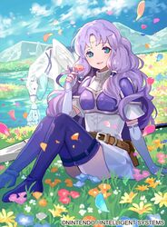  arm_support armor belt blue_eyes blue_footwear blue_sky blue_thighhighs blush boots breastplate cloud cloudy_sky commentary_request company_name copyright_name dress elbow_gloves female field fingerless_gloves fire_emblem fire_emblem:_the_blazing_blade fire_emblem_cipher florina_(fire_emblem) flower flower_field gloves holding holding_flower light_purple_hair long_hair looking_at_viewer official_art open_mouth outdoors parted_bangs pegasus pegasus_knight_uniform_(fire_emblem) petals short_dress short_sleeves shoulder_armor shoulder_pads simple_background sitting sky smile solo thigh_boots thighhighs thighs tobi_(kotetsu) water white_dress wings 