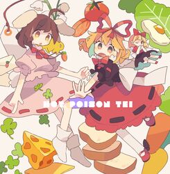  2girls :o animal_ears ankle_socks arm_at_side back_bow bad_id bad_tumblr_id beige_background black_shirt blonde_hair blush_stickers bobby_socks bow bowtie bread bread_slice brown_eyes brown_hair carrot carrot_necklace cheese clover curled_fingers d: daizu_(melon-lemon) dot_nose egg egg_(food) egg_yolk english_text envelope eyes_visible_through_hair fairy_wings floating_hair floppy_ears flower food foreshortening four-leaf_clover fried_egg frills from_side full_body furrowed_brow gradient_eyes hair_between_eyes hair_ribbon hairbow hand_up high_collar highres inaba_tewi jewelry leg_up legs_up letter lettuce lily_of_the_valley looking_to_the_side mary_janes medicine_melancholy medium_skirt multicolored_eyes multiple_girls necklace no_nose no_shoes one_eye_closed open_hand open_mouth orange_eyes outstretched_arm outstretched_hand pantyhose parted_lips pendant pink_shirt pink_skirt pointing puffy_short_sleeves puffy_sleeves rabbit_ears rabbit_girl rabbit_tail red_bow red_bowtie red_footwear red_ribbon red_skirt ribbon ribbon-trimmed_skirt ribbon_trim shirt shoes short_hair short_sleeves skirt socks su-san swept_bangs swiss_cheese tail tareme tomato touhou wavy_hair white_bow white_flower white_legwear wings yellow_eyes 