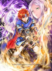  1boy binding_blade_(weapon) black_gloves blue_eyes cape closed_mouth company_name copyright_name female fingerless_gloves fire_emblem fire_emblem:_the_binding_blade fire_emblem_cipher gloves green_eyes heterochromia holding holding_sword holding_weapon idunn_(fire_emblem) long_hair official_art open_mouth pointy_ears purple_hair red_eyes red_hair roy_(fire_emblem) short_hair sword weapon yamada_koutarou 