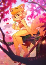  bell blonde_hair body_fur bottomless breasts closed_mouth commentary_request commission dango eating falling_leaves female food fox_girl fox_hat full_body furrification furry furry_female halterneck highres inuki_(aruurara) leaf looking_at_viewer maple_leaf moonlight_flower moss ragnarok_online red_eyes short_hair signature sitting sitting_on_branch skeb_commission small_breasts solo staff tree wagashi 