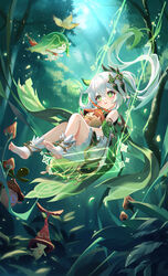  absurdres anklet arama_(genshin_impact) aranara_(genshin_impact) armlet bare_shoulders colored_tips commentary_request cross-shaped_pupils dress feet female floating_hair flower forest from_below full_body genshin_impact gradient_hair green_eyes green_hair hair_ornament highres holding jewelry lalazyt leaf leaf_hair_ornament legs long_hair looking_at_viewer multicolored_hair nahida_(genshin_impact) nature no_shoes outdoors parted_lips plant pointy_ears short_shorts shorts side_ponytail sitting sleeveless sleeveless_dress smile socks soles solo stirrup_legwear symbol-shaped_pupils thighs toeless_legwear toes tree two-tone_hair white_hair white_socks 